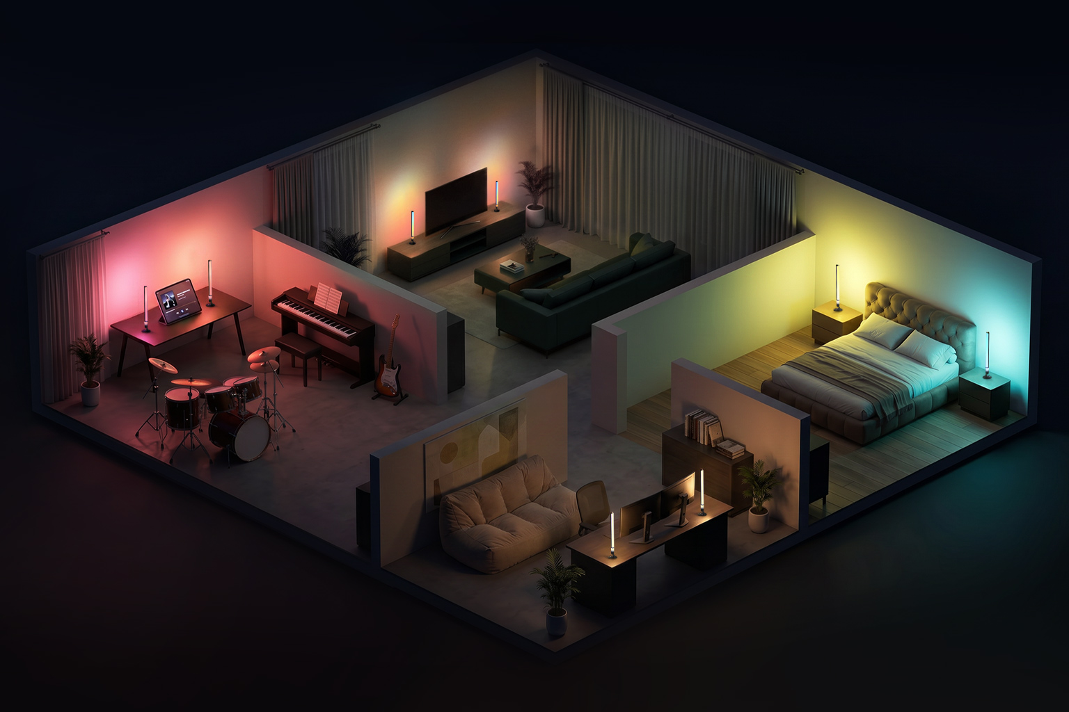 Isometric view of a smart home with colored ambient lighting in every room