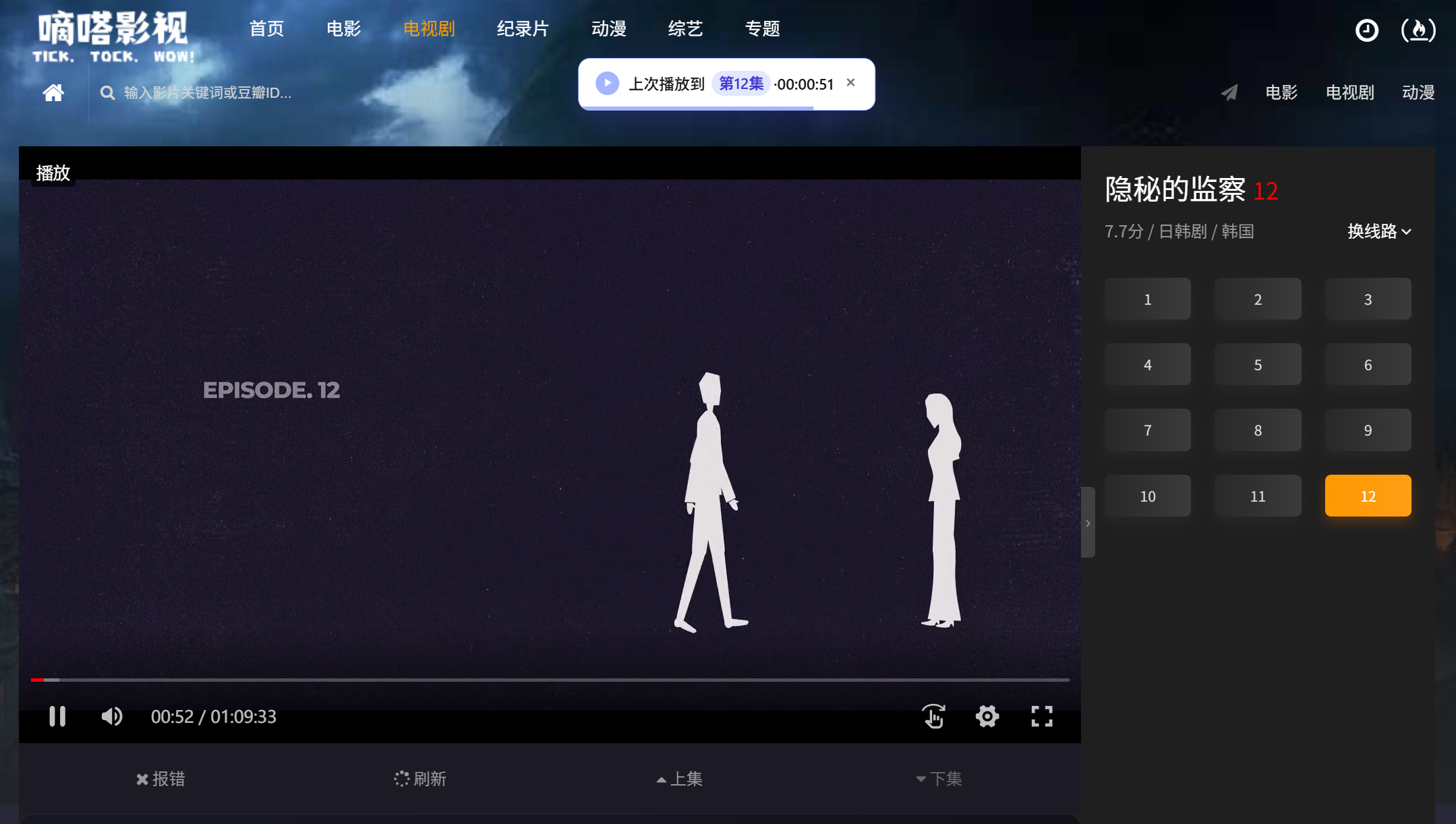 续播提示:上次播放到第 N 集·进度,可一键接着看